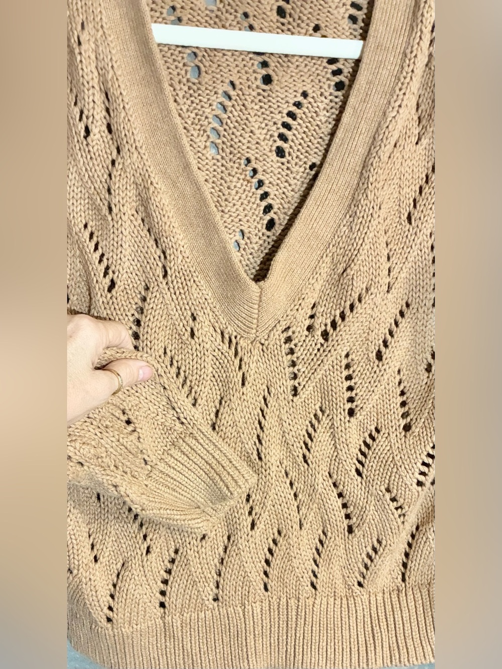 Bailey 44 V-Neck Open Knit Sweater Sz M Beige Brown Cotton Silk Blend Basic - Picture 7 of 11